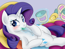 Size: 1200x900 | Tagged: safe, artist:umejiru, rarity, pony, unicorn, eating, fainting couch, female, food, ice cream, looking at you, magic, mare, marshmelodrama, solo, spoon, wip