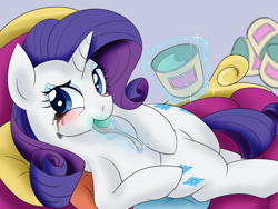 Size: 1200x900 | Tagged: safe, alternate version, artist:umejiru, rarity, pony, unicorn, comfort eating, crying, eating, fainting couch, female, food, ice cream, looking at you, makeup, mare, marshmelodrama, mascara, mascarity, running makeup, solo, spoon
