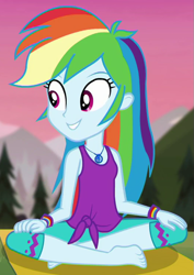 Size: 525x740 | Tagged: safe, derpibooru import, screencap, rainbow dash, better together, choose your own ending, equestria girls, wake up!, wake up!: rainbow dash, barefoot, cute, dashabetes, feet, geode of super speed, magical geodes, smiling, solo, yoga