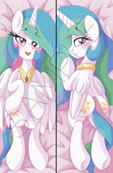Size: 1355x2084 | Tagged: safe, artist:pearlyiridescence, princess celestia, alicorn, pony, adorasexy, bed, blushing, body pillow, body pillow design, both cutie marks, cute, cutelestia, cutie mark, featureless crotch, female, heart eyes, looking at you, looking back, mare, merchandise, missing accessory, multicolored mane, multicolored tail, on back, open mouth, plot, praise the sun, purple eyes, regalia, royalty, sexy, smiling, solo, stupid sexy celestia, sunbutt, underhoof, watermark, wingding eyes, wings