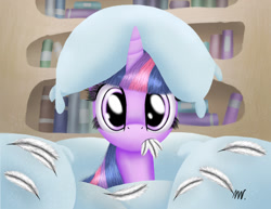 Size: 1280x989 | Tagged: safe, artist:xiii-xv-xvii, derpibooru import, twilight sparkle, look before you sleep, book, cute, eyelashes, feather, frown, golden oaks library, looking at you, mouth hold, pillow, pillow hat, scene interpretation, solo, wide eyes