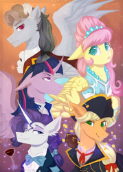 Size: 2598x3626 | Tagged: safe, artist:magicbalance, derpibooru import, applejack, fluttershy, rainbow dash, rarity, twilight sparkle, twilight sparkle (alicorn), alicorn, earth pony, pegasus, pony, unicorn, angry, bow, bowtie, clothes, dress, ear piercing, earring, gala dress, hat, i know those eyes, jewelry, magic, mole, money, piercing, rule 63, sparkles, the count of monte cristo, the count of monte rainbow, tiara