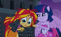 Size: 1021x618 | Tagged: safe, screencap, sunset shimmer, twilight sparkle, twilight sparkle (alicorn), alicorn, equestria girls, equestria girls (movie), bare shoulders, clothes, dress, fall formal outfits, ponied up, sleeveless, smiling, strapless