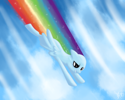 Size: 1280x1024 | Tagged: safe, artist:antharesmk, derpibooru import, rainbow dash, pegasus, pony, cloud, fast, female, flying, mare, sky, speed lines, wings