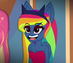 Size: 1246x1080 | Tagged: safe, artist:galacticflashd, derpibooru import, evil pie hater dash, rainbow dash, equestria girls, secrets and pies, adorapiehater, adorasexy, alternate hairstyle, alternate universe, breasts, clothes, cute, eyeshadow, female, makeup, ponied up, rainboob dash, sexy, smiling, solo focus, talking, wings