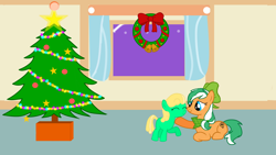 Size: 1920x1080 | Tagged: safe, artist:emoshyvinyl, derpibooru import, oc, oc only, oc:alexis, oc:zellie, christmas lights, christmas tree, tree, wallpaper, wreath