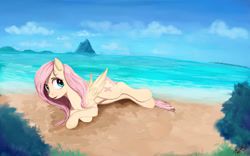 Size: 1920x1200 | Tagged: safe, artist:miokomata, fluttershy, pegasus, pony, cloud, crossed hooves, cute, island, ocean, open mouth, sand, scenery, shore, shyabetes, sky, solo, summer, water