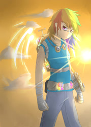 Size: 1400x1950 | Tagged: safe, artist:stupidyou3, derpibooru import, rainbow dash, human, badass, bandage, belt, cloud, goggles, humanized, sky, steampunk is magic, sun, test tube