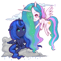 Size: 200x200 | Tagged: safe, artist:getanimated, princess celestia, princess luna, alicorn, anthro, cheering up, chibi, cloud, comforting, cute, female, flowy mane, lunabetes, pixel art, rain, simple background, sky, transparent background, wavy mane