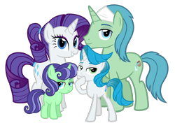 Size: 2664x1872 | Tagged: safe, artist:thecheeseburger, birch bucket, rarity, oc, pony, unicorn, birchity, colt, family, female, filly, looking at you, male, offspring, parent:birch bucket, parent:rarity, parents:birchity, shipping, simple background, smiling, stallion, straight, transparent background