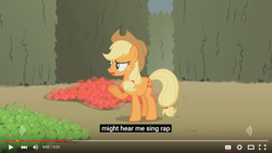 Size: 854x480 | Tagged: safe, screencap, applejack, earth pony, pony, the return of harmony, meme, rap, song in the comments, youtube caption