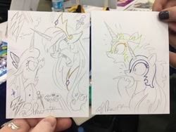 Size: 1024x768 | Tagged: safe, artist:andypriceart, daybreaker, nightmare moon, princess celestia, princess luna, alicorn, pony, andy you magnificent bastard, argument, bronycon, bronycon 2017, colored pencil drawing, covering mouth, crown, female, grawlixes, horns are touching, implied vulgar, irony, jewelry, knife, lightning, mare, pencil drawing, regalia, role reversal, skull, traditional art, you got it backwards