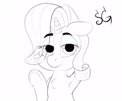 Size: 6000x5000 | Tagged: safe, artist:sunlightgryphon, derpibooru exclusive, rarity, pony, unicorn, absurd resolution, arm behind head, armpits, chest fluff, looking at you, monochrome, smiling