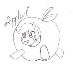 Size: 818x808 | Tagged: safe, artist:i am nude, applejack, earth pony, pony, apple, clothes, costume, cute, dialogue, monochrome, open mouth, smiling, solo, that pony sure does love apples