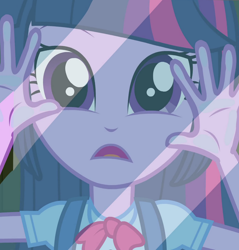 Size: 1000x1044 | Tagged: safe, derpibooru import, screencap, twilight sparkle, equestria girls, against glass, cropped, frown, solo