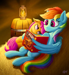Size: 1241x1354 | Tagged: safe, artist:foxpit, derpibooru import, rainbow dash, scootaloo, pegasus, pony, daring do adventure collection, barrel, cuddling, cute, daring do and the marked thief of marapore, daring do book, duo, duo female, female, filly, hay, lantern, lying down, night, on back, reading, scootalove, stars, wing hold