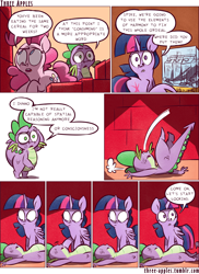 Size: 944x1294 | Tagged: safe, artist:capnpea, artist:kefkafloyd, derpibooru import, pinkie pie, spike, twilight sparkle, twilight sparkle (alicorn), alicorn, dragon, earth pony, pony, comic:three apples, cereal, comic, faint, female, male, mare, milk, no pupils