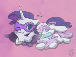 Size: 3500x2600 | Tagged: safe, artist:glitterstar2000, rarity, sweetie belle, pony, unicorn, cute, duo, female, filly, horn, lying down, mare, mask, pillow, simple background, sisters, sleep mask, sleeping, smiling, zzz