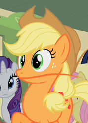 Size: 446x627 | Tagged: safe, edit, screencap, applejack, fluttershy, rarity, earth pony, pegasus, pony, unicorn, cowboy hat, faic, hat, raised hoof, reaction image, stetson, surprised, wide eyes