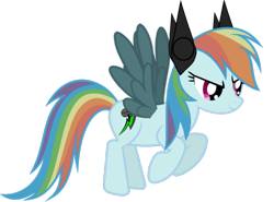 Size: 833x615 | Tagged: source needed, safe, artist:rainbinedashie, artist:theinvertedshadow, derpibooru import, rainbow dash, cyborg, pegasus, pony, alternate cutie mark, elements of insanity, evil, female, flying, mare, rainbine, rainbine ears, simple background, solo, spread wings, transparent background, wings