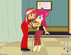 Size: 4000x3090 | Tagged: safe, artist:dieart77, apple bloom, sunset shimmer, equestria girls, apple bloom's bow, barefoot, bow, clothes, commission, doctor's office, feet, hair bow, nurse, nurse shimmer, open mouth, pants, scrubs, shoes, sitting, stethoscope, table