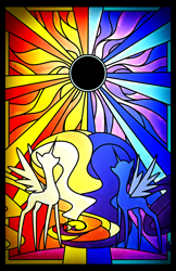 Size: 3300x5100 | Tagged: safe, artist:flamevulture17, princess celestia, princess luna, alicorn, pony, eclipse, female, looking up, mare, royal sisters, sisters, stained glass