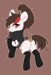 Size: 1368x2000 | Tagged: safe, artist:sugarstar, oc, oc only, oc:almond lotus, earth pony, pony, belt, butt, cloak, clothes, female, looking at you, makeup, mare, simple background, smiling, solo, stockings, thigh highs