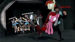 Size: 300x168 | Tagged: safe, artist:theinvertedshadow, artist:tishadster, pinkie pie, oc, oc:film flick, oc:flicker, earth pony, pony, 3d, elements of insanity, gmod, picture for breezies, pinkis cupcake, running, scout