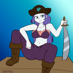 Size: 1000x1000 | Tagged: safe, artist:empyu, rarity, equestria girls, 45 minute art challenge, belly button, boots, clothes, hat, midriff, pants, pirate, pirate hat, sitting, solo, sword, weapon