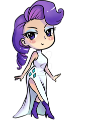 Size: 1024x1448 | Tagged: safe, artist:laceysdraws, rarity, human, blush sticker, blushing, chibi, clothes, cutie mark clothes, dress, giant head, humanized, looking at you, simple background, smiling, solo, transparent background, watermark, white dress