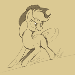 Size: 800x800 | Tagged: safe, artist:tehflah, applejack, earth pony, pony, action pose, monochrome, sketch, sliding, solo