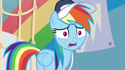 Size: 1280x720 | Tagged: safe, derpibooru import, screencap, rainbow dash, pegasus, pony, 2 4 6 greaaat, betrayed, cap, female, hat, mare, open mouth, solo