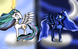 Size: 1024x640 | Tagged: safe, artist:nyck-san, princess celestia, princess luna, alicorn, pony, day, night