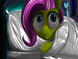 Size: 1024x768 | Tagged: safe, artist:ponsce, fluttershy, pegasus, pony, bed, blanket, lying down, night, pillow, solo, worried