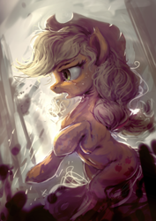 Size: 850x1200 | Tagged: safe, artist:assasinmonkey, applejack, earth pony, pony, crying, rearing, solo