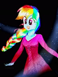 Size: 2313x3084 | Tagged: safe, artist:liaaqila, derpibooru import, rainbow dash, equestria girls, alternate hairstyle, braid, clothes, cute, dashabetes, dress, frozen (movie), happy, open mouth, solo