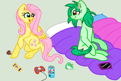 Size: 992x662 | Tagged: safe, artist:moonsongmlp, fluttershy, oc, oc:vanna melon, pegasus, pony, apple, bed, blanket, candy bar, controller, cookie, food, iphone, pillow, soda