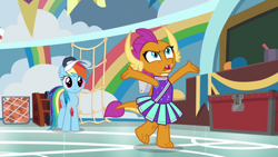 Size: 1920x1080 | Tagged: safe, derpibooru import, screencap, rainbow dash, smolder, dragon, pegasus, pony, 2 4 6 greaaat, arms in the air, ball, banner, betrayal, box, cap, chalkboard, cheerleader, cheerleader outfit, cheerleader smolder, clothes, dragoness, fangs, female, folded wings, hat, horns, net, open mouth, raised leg, sin of pride, unamused, whistle, whistle necklace, wings