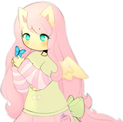 Size: 1039x1029 | Tagged: safe, artist:ssapphic, fluttershy, anthro, butterfly, clothes, cute, shirt, skirt, solo