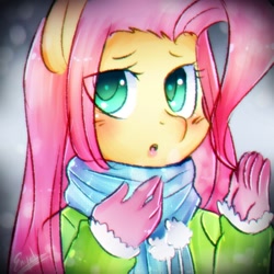 Size: 1024x1024 | Tagged: safe, artist:enyelita, fluttershy, anthro, pegasus, clothes, cold, female, gloves, scarf, solo