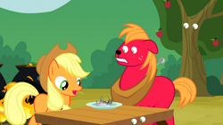 Size: 1280x720 | Tagged: safe, edit, edited screencap, screencap, applejack, big macintosh, earth pony, horse, pony, apple family reunion, eyes, plate, wat