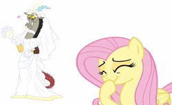 Size: 653x399 | Tagged: safe, artist:filmcity, discord, fluttershy, pegasus, pony, bouquet, clothes, crossdressing, discoshy, dress, female, male, shipping, straight, veil, wedding dress