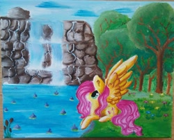 Size: 1245x1005 | Tagged: safe, artist:derpiak012, fluttershy, pegasus, pony, lake, looking up, prone, spread wings, traditional art, water, waterfall