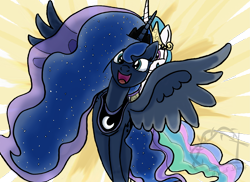 Size: 3507x2550 | Tagged: safe, artist:mountainlygon, princess celestia, princess luna, alicorn, pony, 2017 solar eclipse, abstract background, alicorn eclipse, eclipse, huzzah, luna eclipsing celestia, pun, solar eclipse, spread wings, visual pun, wings