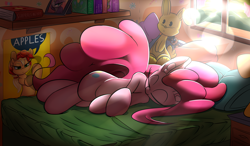 Size: 3500x2050 | Tagged: safe, artist:madacon, applejack, maud pie, pinkie pie, earth pony, pony, five nights at freddy's, plushie, rosie the riveter, sleeping, solo, sunlight