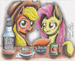 Size: 1024x838 | Tagged: safe, artist:santi-dleon, applejack, fluttershy, earth pony, pony, alcohol, apple juice, ashtray, cigarette, drunk aj 365, flutterbat, jack daniels, traditional art