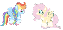 Size: 971x472 | Tagged: safe, artist:bezziie, artist:selenaede, derpibooru import, fluttershy, rainbow dash, pegasus, pony, alternate design, bandaid, base used, fluffy, freckles, tail feathers, unshorn fetlocks