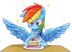 Size: 1028x738 | Tagged: safe, artist:nota_mano, derpibooru import, rainbow dash, pegasus, pony, cake, collar, cute, food, solo, strawberry