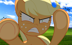 Size: 1920x1200 | Tagged: safe, artist:geraritydevillefort, derpibooru import, applejack, earth pony, pony, against glass, angry, bliss, blonde, glass, hatless, missing accessory, solo, windows xp