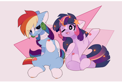 Size: 1716x1152 | Tagged: safe, artist:little-sketches, derpibooru import, rainbow dash, twilight sparkle, twilight sparkle (alicorn), alicorn, pegasus, pony, alternate design, bandage, blushing, chest fluff, cute, ear fluff, eye clipping through hair, female, lesbian, mare, one eye closed, shipping, simple background, stars, twidash, white background